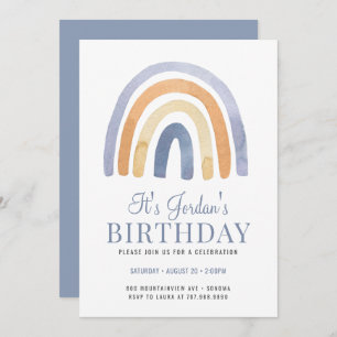 Boho Rainbow Blue Kid's Birthday Party Invitation