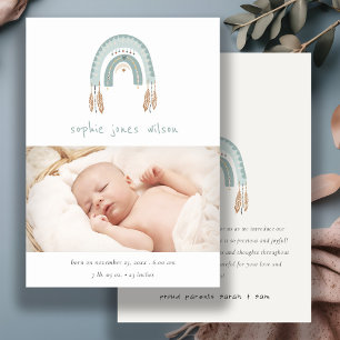 Boho Rainbow Blue Script Photo Birth Announcement