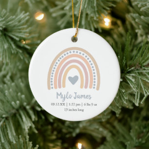 Boho Rainbow Boy Birth Stats Photo Baby Christmas Ceramic Ornament