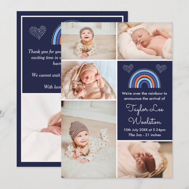 Boho Rainbow Boy Navy Blue Birth Announcement (Front/Back)