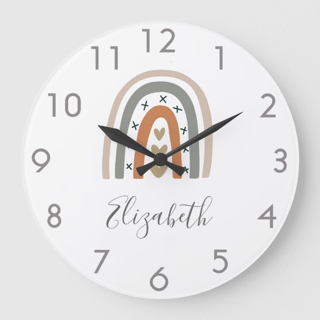 Boho rainbow brown beige grey white nursery cute large clock (Front)