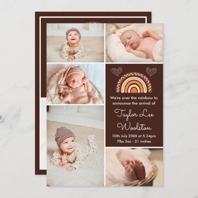 Boho Rainbow Brown Birth Announcement (Front/Back)