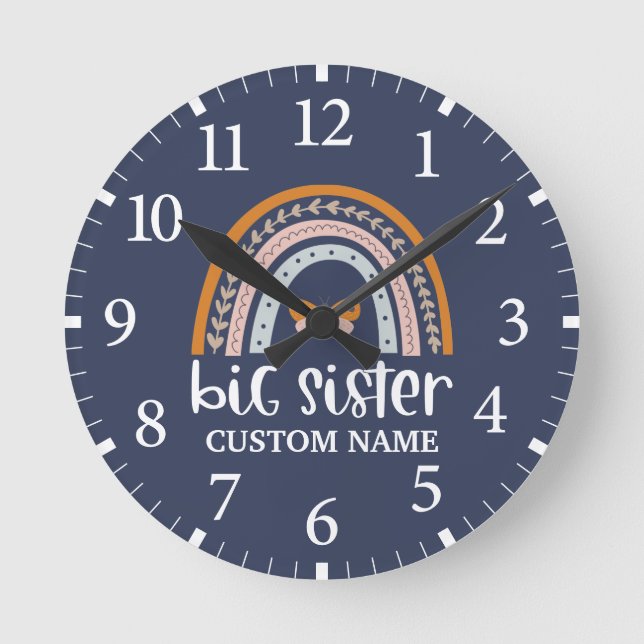 Boho Rainbow & Butterfly Personalised Big Sister Round Clock (Front)
