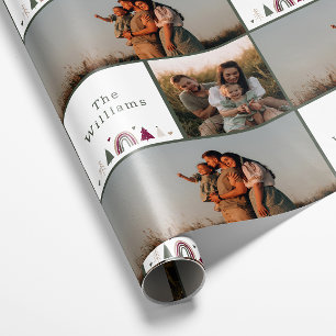 Boho Rainbow Christmas Family Photo Collage Wrapping Paper