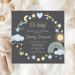 Boho Rainbow Clouds Blue Baby Shower Invitation