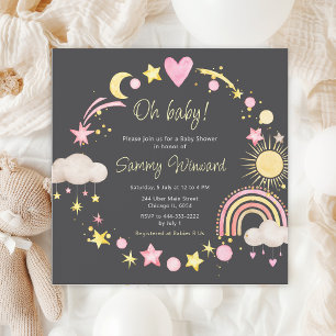 Boho Rainbow Clouds Pink Baby Shower Invitation