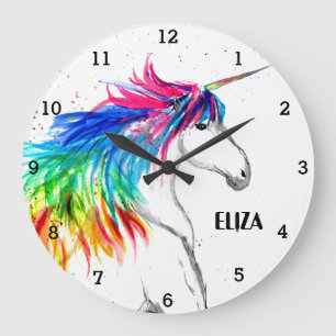 Boho Rainbow Cute Girls Unicorn Kids Large Clock