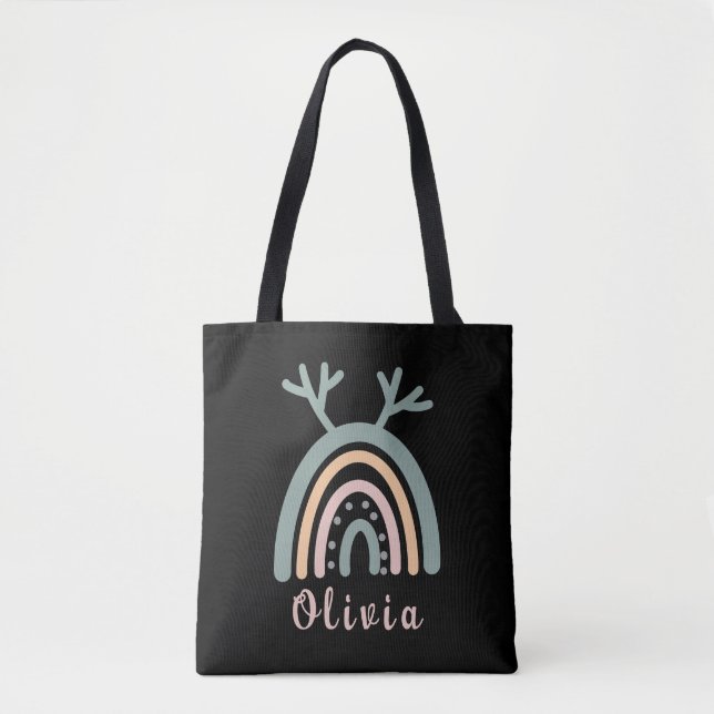 Boho Rainbow Cute With Personalised Name  Tote Bag (Front)