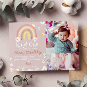 Boho Rainbow Daisy 1st Birthday Invitation