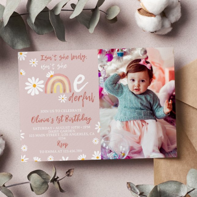 Boho Rainbow Daisy 1st Birthday Invitation (Creator Uploaded)