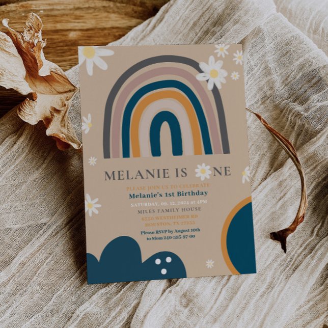 Boho Rainbow Daisy 1st First Birthday Invitation (Creator Uploaded)