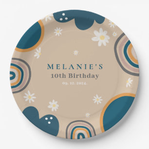 Boho Rainbow Daisy Beige Birthday Paper Plate