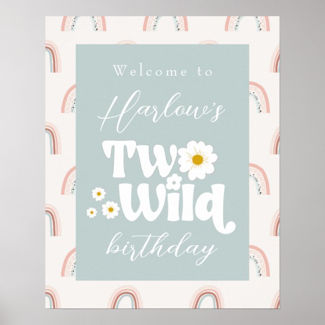 Boho Rainbow Daisy Two Wild 2nd Birthday Welcome  Poster (Front)