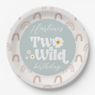 Boho Rainbow Daisy Two Wild Girl's 2nd Birthday Paper Plate