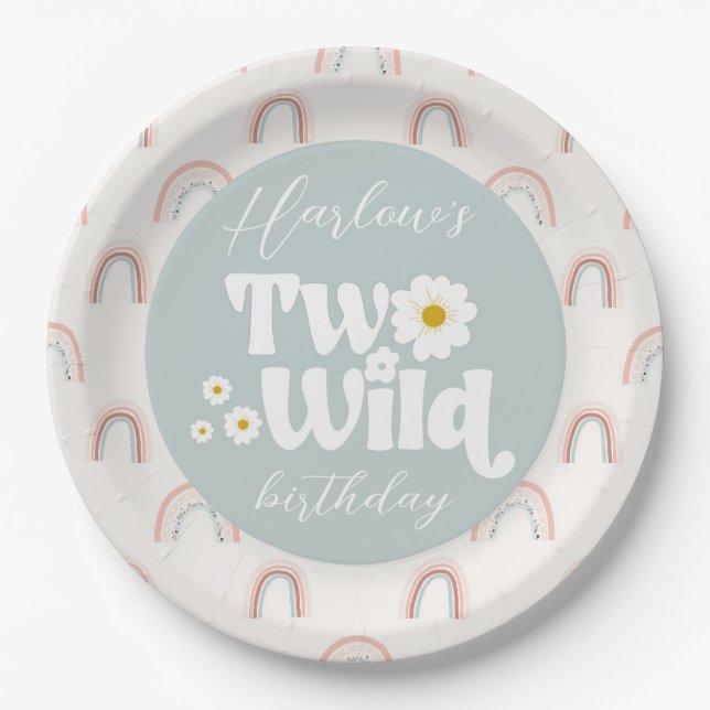 Boho Rainbow Daisy Two Wild Girl's 2nd Birthday Paper Plate (Front)