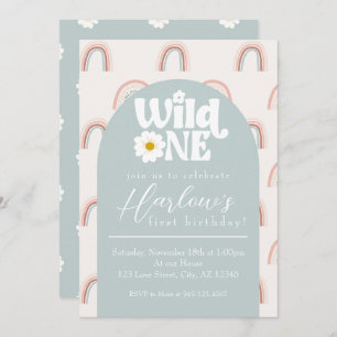 Boho Rainbow Daisy Wild One Girl's first Birthday Invitation