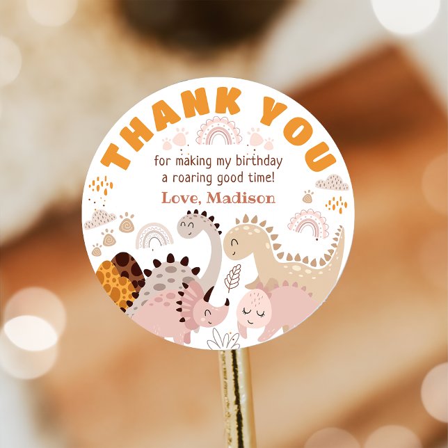 Boho Rainbow Dinosaur Birthday Party Thank You Classic Round Sticker (Creator Uploaded)