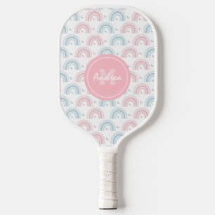 Boho Rainbow Dusty Pink & Blue Moon Monogram Cute  Pickleball Paddle