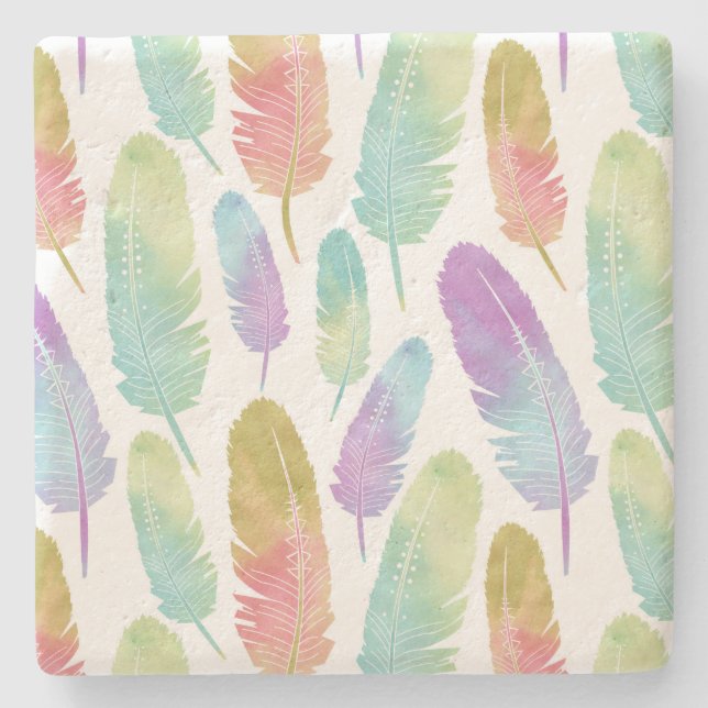 Boho Rainbow Feathers Stone Coaster (Front)