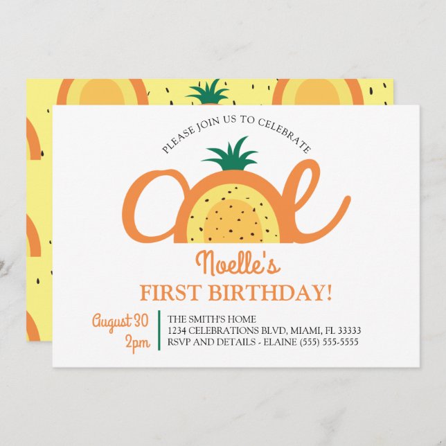 Boho Rainbow First Birthday, Pineapple Invitation (Front/Back)