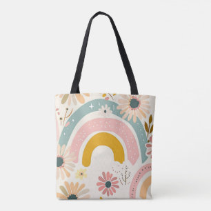 Boho Rainbow & Floral Aesthetic Tote Bag 