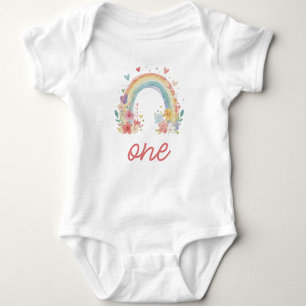 Boho Rainbow Floral Pastel "One" First Birthday Baby Bodysuit