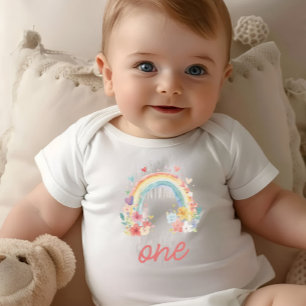 Boho Rainbow Floral Pastel "One" First Birthday Baby Bodysuit