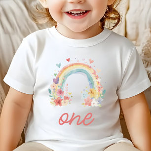 Boho Rainbow Floral Pastel "One" First Birthday Baby T-Shirt