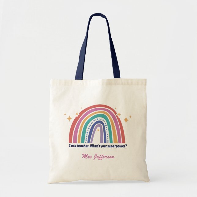 Boho Rainbow Funny and Chic Teacher Custom Text Tote Bag (Front)