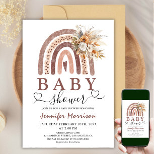 Boho Rainbow   Gender Neutral Brown Baby Shower Invitation