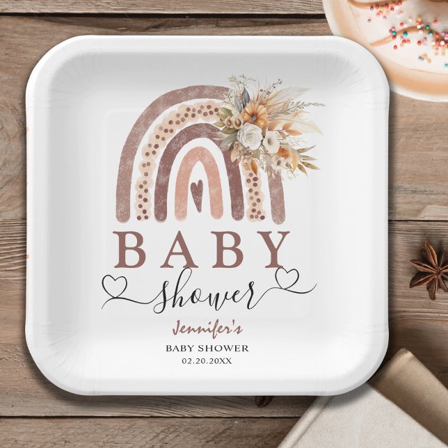 Boho Rainbow | Gender Neutral Brown Baby Shower Paper Plate (Creator Uploaded)