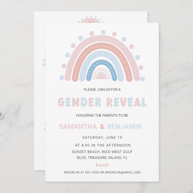 Boho Rainbow Gender Reveal Invitation, Blue & Pink Invitation (Front/Back)