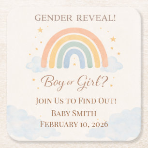 Boho Rainbow Gender Reveal Neutral  Square Paper Coaster