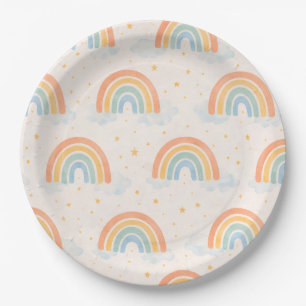 Boho Rainbow Gender Reveal Paper Plates Neutral