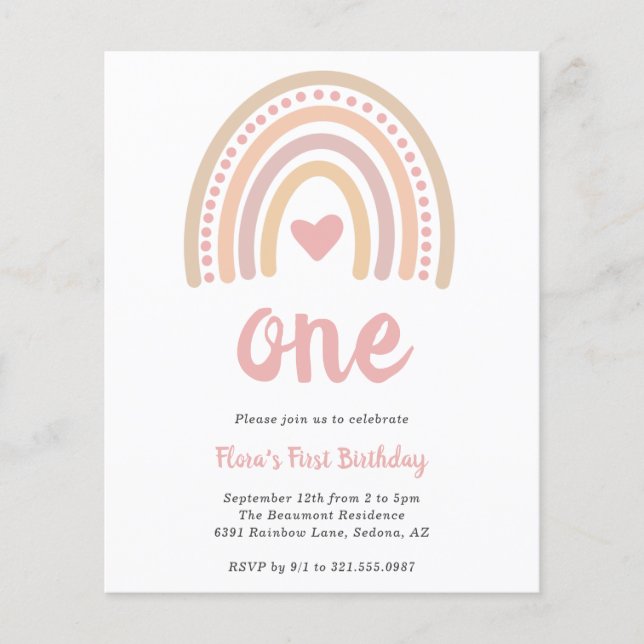 Boho Rainbow Girl Budget First Birthday Invitation (Front)