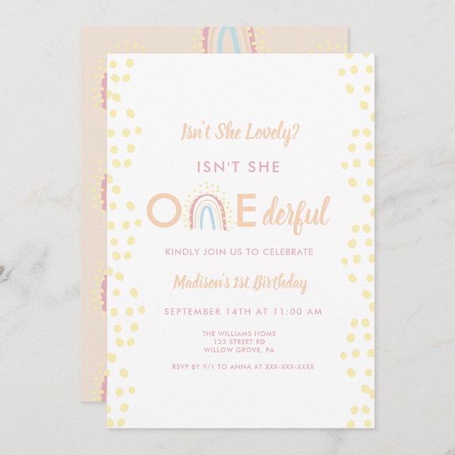 Boho Rainbow Girl Lovely Onederful Birthday Invitation (Front/Back)