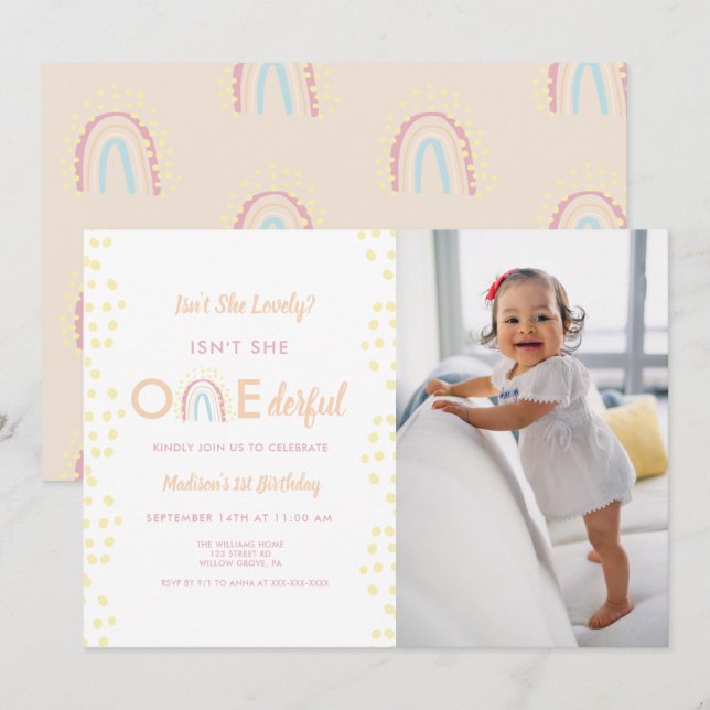 Boho Rainbow Girl Lovely Onederful Photo Birthday Invitation (Front/Back)