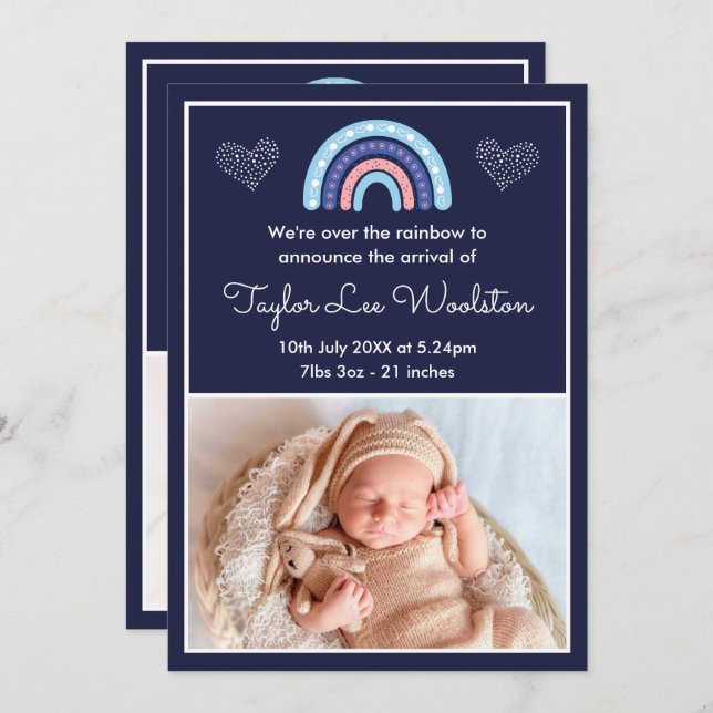 Boho Rainbow Girl Navy Blue Birth Announcement (Front/Back)