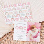 Boho Rainbow Girl's 1st Birthday Party Photo Invit Invitation<br><div class="desc">Cute and boho rainbow theme girl's 1st birthday party invitation template card with a photo featuring a hand drawn rainbow in pastel blush pink colours with stars around it. Perfect for a girl's magical party.</div>