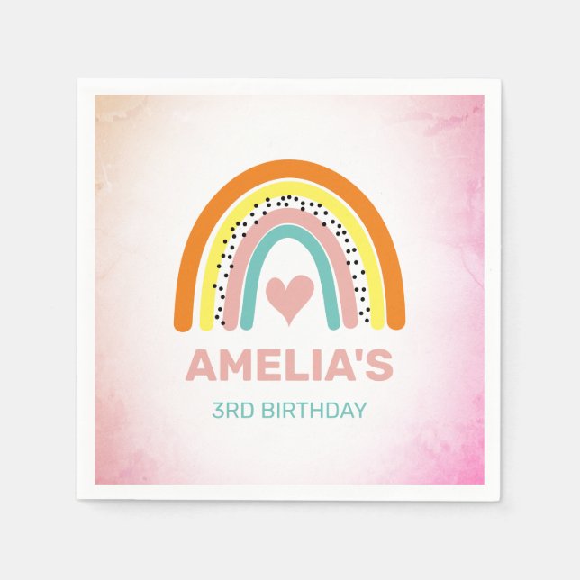 Boho Rainbow Girls 3rd Birthday Party Napkin (Front)