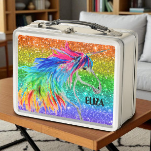 Boho Rainbow Glitter Cute Girls Unicorn Kids Metal Lunch Box