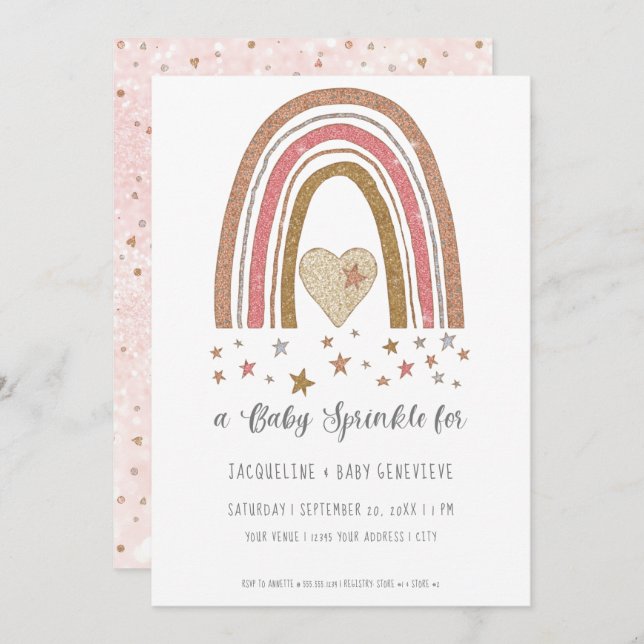 BOHO Rainbow Glitter Pink Gold Girl Baby Shower In Invitation (Front/Back)