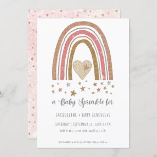 BOHO Rainbow Glitter Pink Gold Girl Baby Shower In Invitation