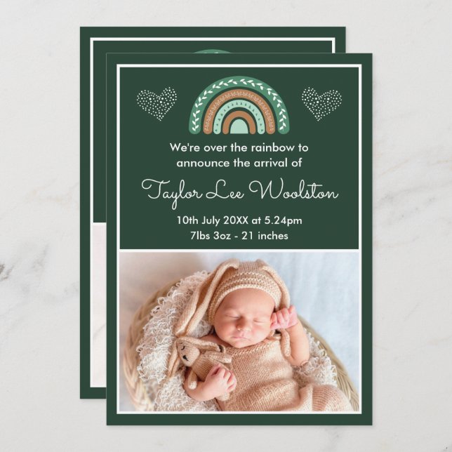 Boho Rainbow Green Birth Announcement (Front/Back)