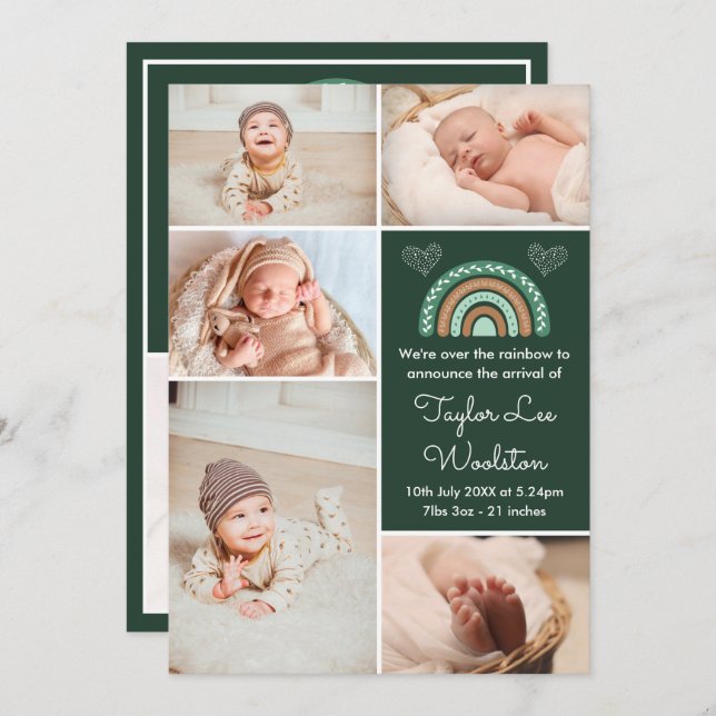 Boho Rainbow Green Birth Announcement (Front/Back)