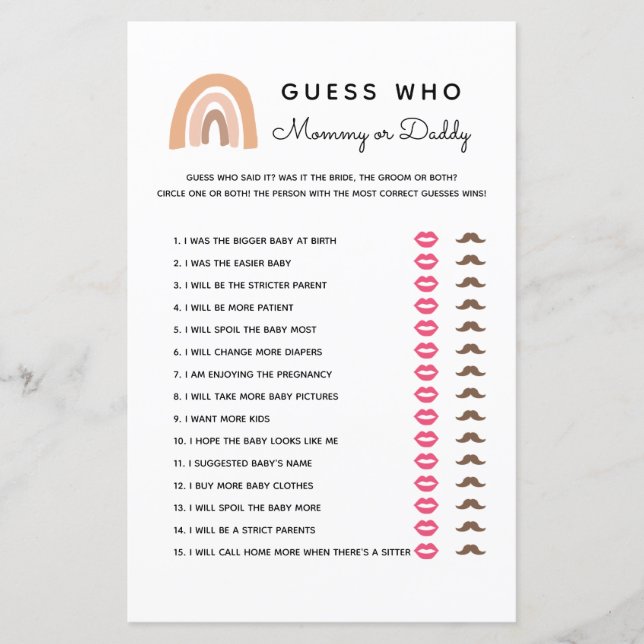 Boho Rainbow Guess Who Mummy Or Daddy Game Cards (Front)
