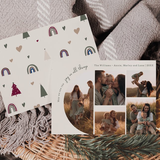 Boho Rainbow & Heart Arch Beige Joy In All 5 Photo Holiday Card (Creator Uploaded)