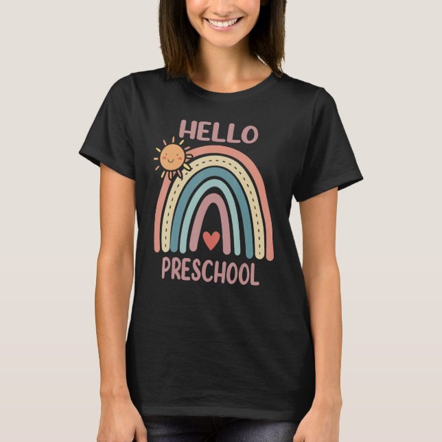 Boho Rainbow Heart For Teachers Women Hello Presch T-Shirt (Front)