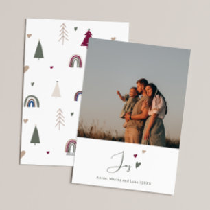 Boho Rainbow & Hearts Joy Vertical Photo Christmas Holiday Card
