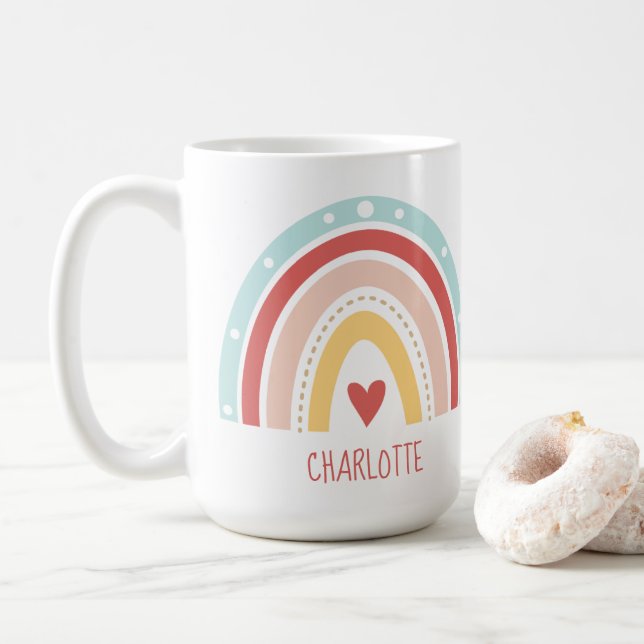 Boho Rainbow Kids Name Watercolor  Coffee Mug (With Donut)